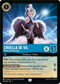 Disney Lorcana Trading Card Game Rise of the Floodborn CRUELLA DE VIL Perfectly Wretched